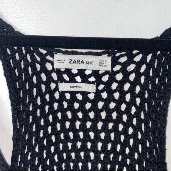 Zara Blue Black Loose Knit Crochet 100% Cotton Beachy Coastal Tank Top Small - Picture 10 of 10